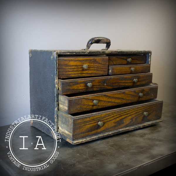 Vintage Industrial Gerstner Antique Oak Tool Box Chest Parts Bin Jewelry Box Steampunk