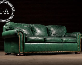 Vintage Leather Rolled-Arm Sofa in Green by Whittemore-Sherrill