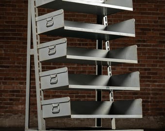 Vintage Gray Industrial Tilt-Bin Cart with Five Adjustable Drawers on Casters