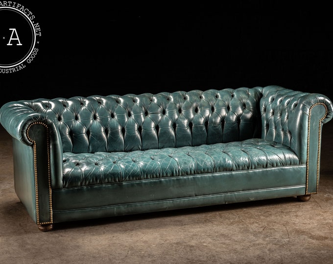 Vintage Tufted Leather Sofa in Blue Green Etsy
