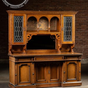 Victorian Gothic Revival Oak Sideboard Hutch with Leaded Glass Doors