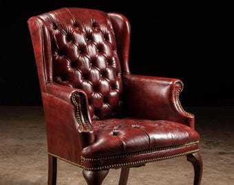 Vintage Tufted Leather Chesterfield Armchair in Red