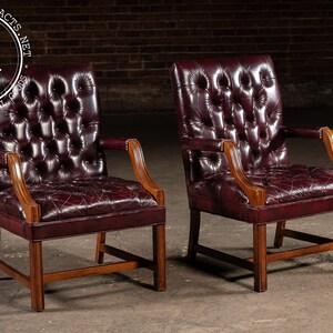 Pair of Tufted Leather Square-Back Dining Chairs in Oxblood