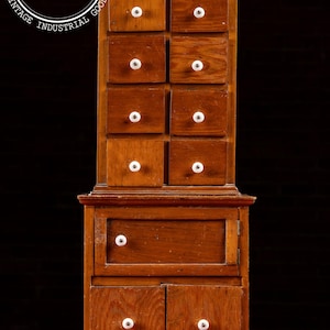 Vintage Wooden 10-Drawer Cabinet with Cupboard and Porcelain Knobs