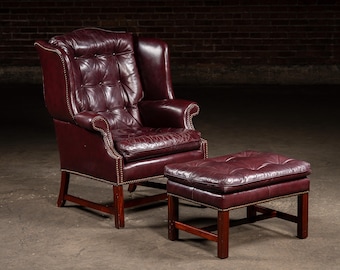 Tufted Leather Wingback Chesterfield Armchair with Ottoman in Oxblood