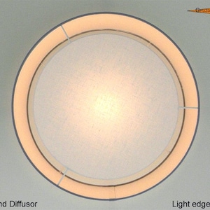 Peut inclure: Un diffuseur de lumière circulaire avec un panneau central en tissu blanc cassé entouré d'un anneau lumineux chaud. Le design comprend un cadre fin et le texte "Lichtrand Diffusor" et "Light edge diffuser" avec un logo dans le coin.