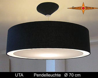 Große Hängelampe schwarz UTA Ø70 cm Loungleuchte mit Diffusor Leinen