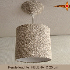 May include: A beige fabric pendant light with a cylindrical shade, measuring 25 inches in diameter. The light is suspended from a ceiling mount with a silver cord. The text "Pendelleuchte HELENA Ø 25 cm" is visible below the light.