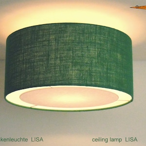 May include: A green fabric ceiling lamp with a white inner shade. The lamp is labelled "Deckenleuchte LISA" and "ceiling lamp LISA".