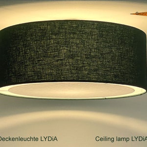 Op de afbeelding: Een groene plafondlamp van stof met een witte binnenring. De lamp is gelabeld met "Deckenleuchte LYDIA" en "Ceiling lamp LYDIA".