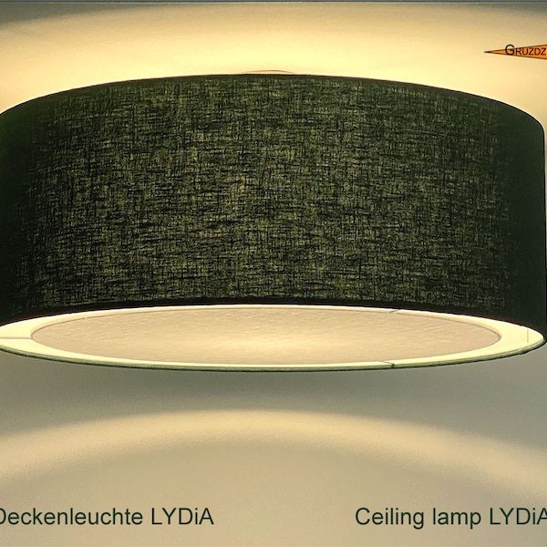 Green ceiling lamp LYDiA Ø40 cm with light edge diffuser made of dark green linen