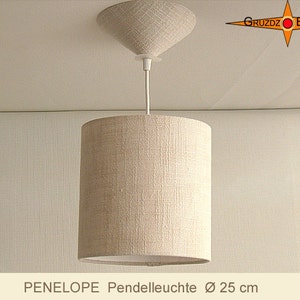 May include: A beige fabric pendant light with a cylindrical shade and a diameter of 25 inches. The light is hanging from a white ceiling. The text "PENELOPE Pendelleuchte Ø 25 cm" is visible at the bottom of the image.