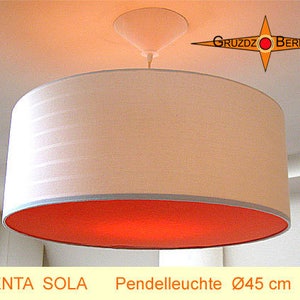 May include: A white pendant light with a red inner lining and a gray trim. The light is 45 inches in diameter. The light is hanging from a white ceiling.