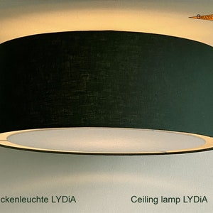 May include: A black ceiling lamp with a white inner shade. The lamp is labelled "Deckenleuchte LYDIA" and "Ceiling lamp LYDIA".