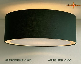 Green ceiling lamp LYDiA Ø50 cm with light edge diffuser made of dark green linen