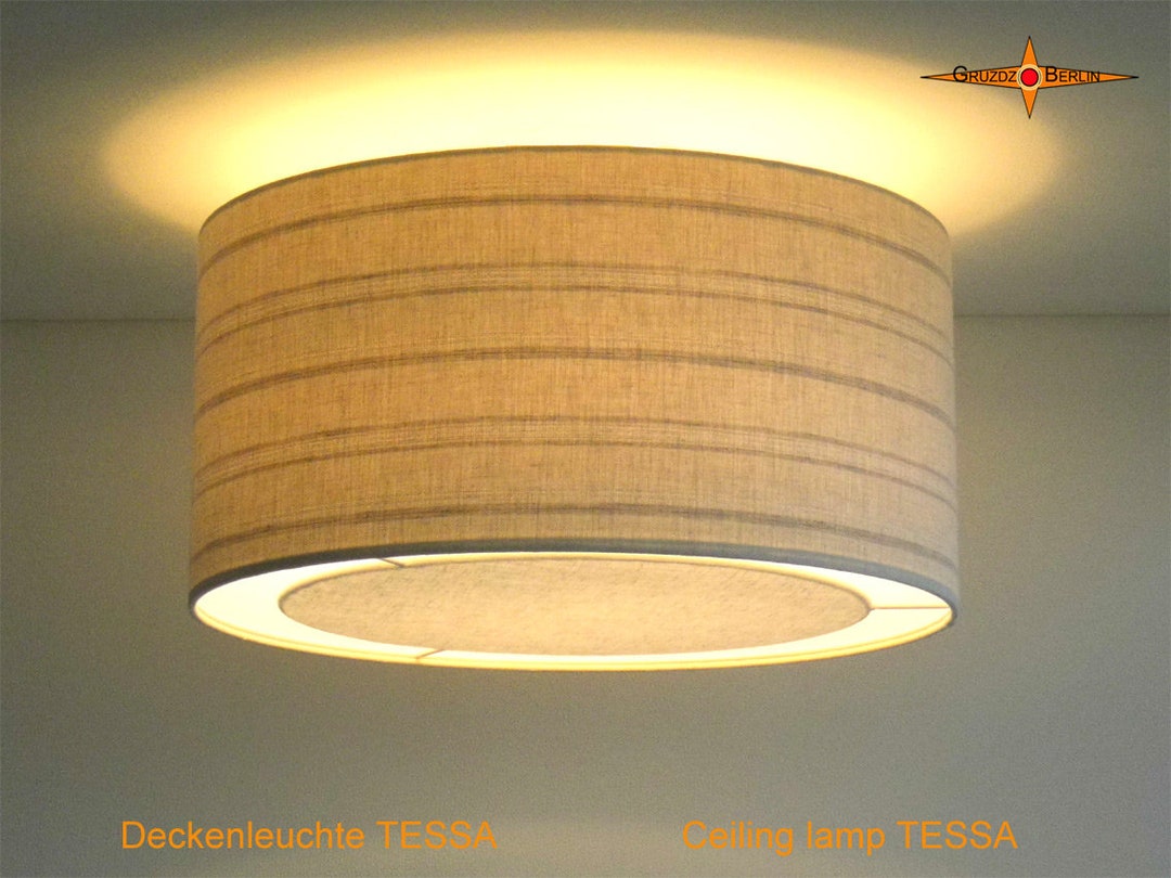 Striped Ceiling Lamp in Linen TESSA Ø45 Cm With Light Edge Diffuser Etsy