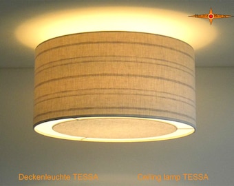 Striped ceiling lamp in linen TESSA Ø45 cm with light edge diffuser