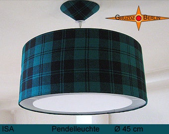 Karierte Lampe ISA Ø45 cm Pendellampe mit Lichtrand Baldachin Seide