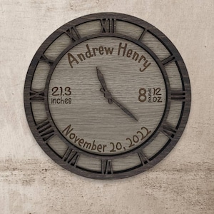 Personalized Clock Birth Announcement, Clock Time Is Set To Birth Of Baby. 2 Layer Laser Engraved / Cut
