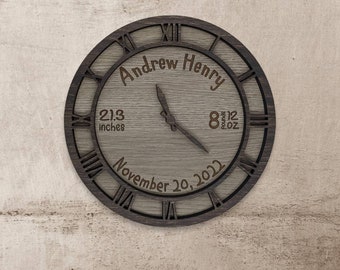 Personalized Clock Birth Announcement, Clock Time Is Set To Birth Of Baby. 2 Layer Laser Engraved / Cut