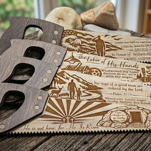 Scie à main personnalisée avec gravure personnalisée | Cadeau commémoratif chrétien, fête des pères et hommage militaire | Décoration d'atelier de menuiserie | Le travail de ses mains