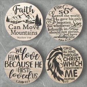 Set Of 4 Bible Verse Religious Themed Laser Engraved Coasters 3.5&quot; Round .25&quot; Thick- Jesus Lives, Christ, God, Risen, Uplifting, Scripture