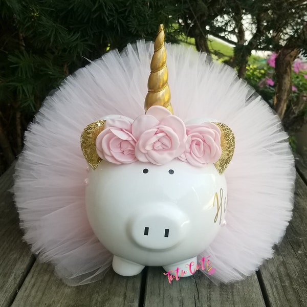 Pale Soft Pink and Gold Unicorn Tutu Piggy Bank, Unicorn Gift, Unicorn Room Decor, Unicorn Party Decor,  Girls Piggy Bank