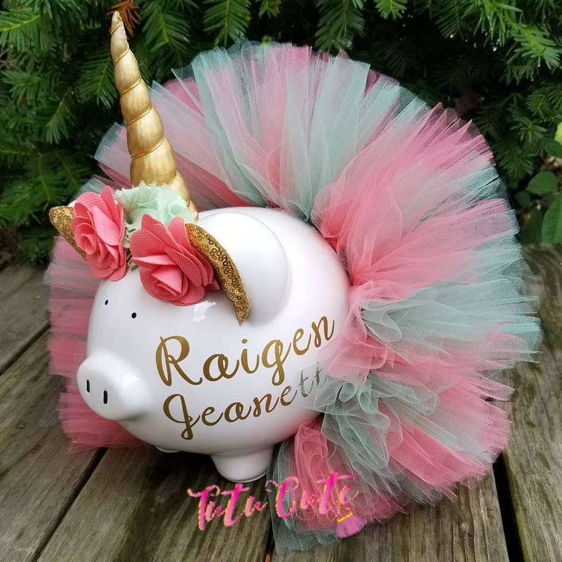 Pink and Gold Unicorn Tutu Piggy Bank, Unicorn Room Decor, Girls Piggy Bank, Unicorn Gift, Unicorn Party Decor image 4