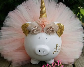 Peach and Ivory Unicorn Tutu Piggy Bank, Unicorn Party Decor, Unicorn Gift, Unicorn Room Decor, Girls Piggy Bank, Tutu Piggy Bank