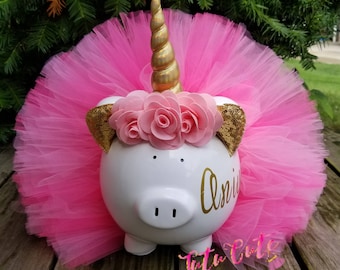 Pink and Gold Unicorn Tutu Piggy Bank, Unicorn Gift, Unicorn Room Decor, Unicorn Party Decor, Girls Piggy Bank