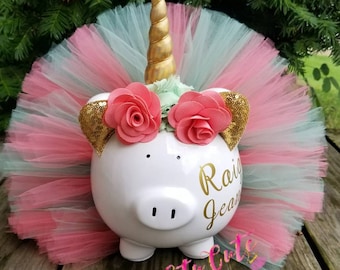 Coral and Seafoam Unicorn Tutu Piggy Bank, Unicorn Room Decor, Unicorn Gift, Unicorn Party Decor, Girls Gift, Girls Piggy Bank