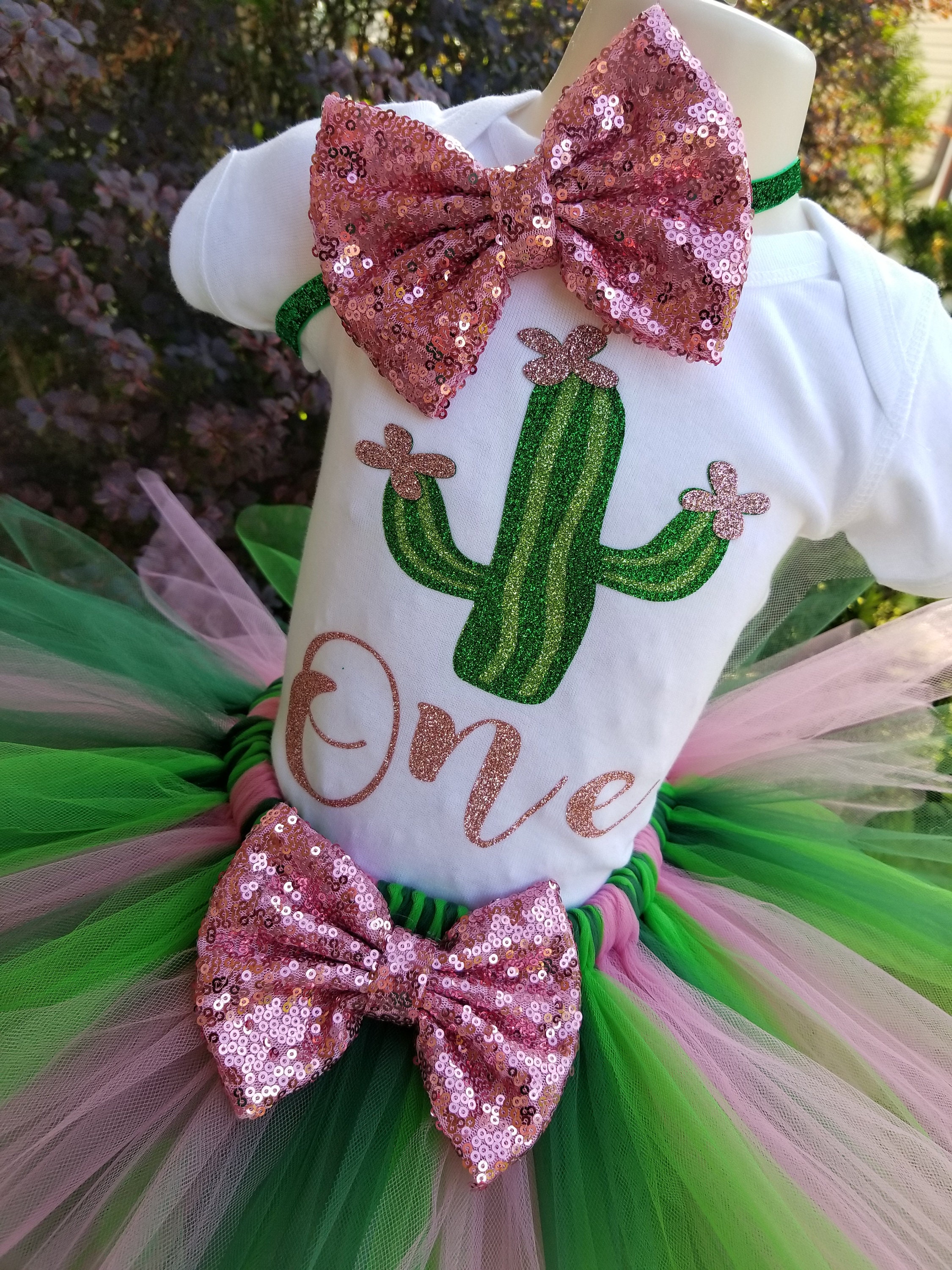 Rose Pink and Green Cactus Birthday Tutu Set, Cactus Birthday Tutu