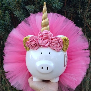 Pink and Gold Unicorn Tutu Piggy Bank, Unicorn Gift, Unicorn Room Decor, Unicorn Party Decor, Girls Piggy Bank, Personalized Piggy Bank
