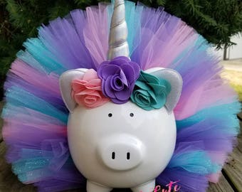 Light Pink, Lavender & Aqua Unicorn Tutu Piggy Bank, Girls Piggy Bank, Unicorn Room Decor, Unicorn Gift, Unicorn Party Decor