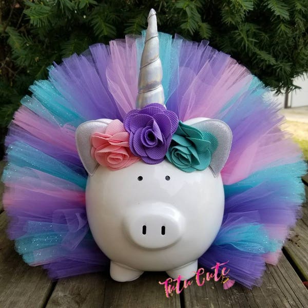 Alcancía con tutú de unicornio en rosa claro, lavanda y aguamarina, alcancía para niñas, decoración de habitación con unicornio, regalo de unicornio, decoración de fiesta con unicornio