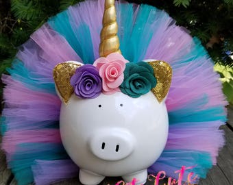 Light Pink, Lavender & Teal Unicorn Tutu Piggy Bank, Girls Piggy Bank, Unicorn Room Decor, Unicorn Gift, Unicorn Party Decor