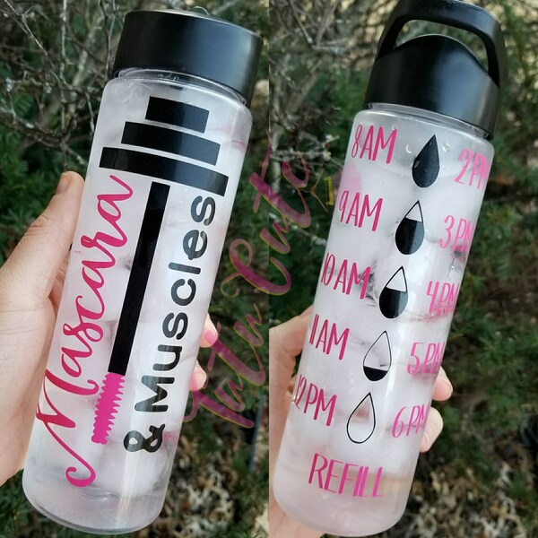 Mascara And Muscles Water Tracker Water Bottle, Motivational Water Bottle, Fitness Water Bottle, Makeup Artist Gift, Gym Water Bottle