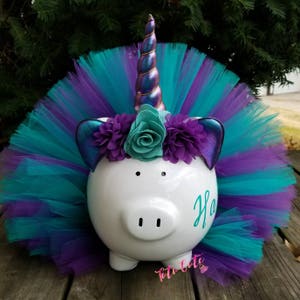 Salvadanaio con tutù di unicorno verde acqua e viola, salvadanaio con tutù di unicorno, regalo unicorno, decorazione per la stanza di unicorno, decorazione per feste di unicorno, salvadanaio per bambine