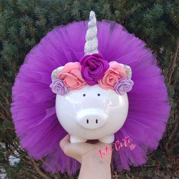 Purple Unicorn Tutu Piggy Bank, Unicorn Party Decor, Unicorn Gift, Unicorn Room Decor, Girls Piggy Bank, Tutu Piggy Bank