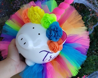 Neon Rainbow Unicorn Tutu Piggy Bank, Unicorn Party Decor, Unicorn Gift, Unicorn Room Decor, Girls Piggy Bank, Tutu Piggy Bank