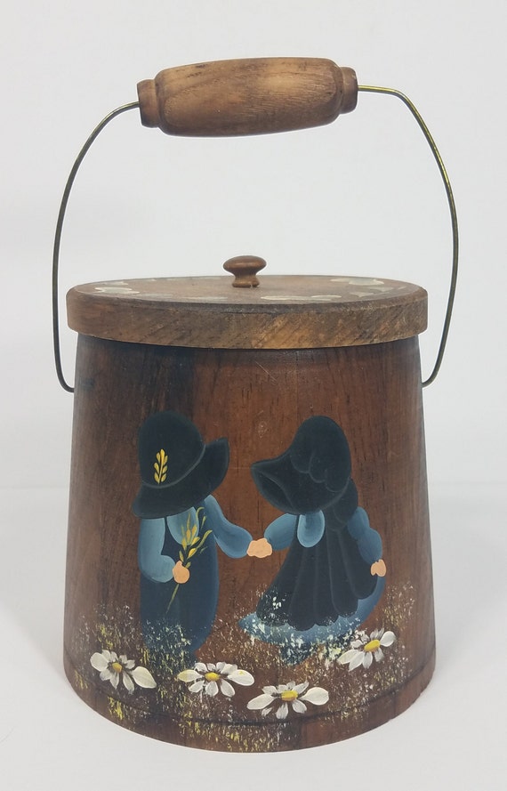 Handbemalte Holländische Kinder kleine Eimer Eimer aus Holz mit Deckel und Griff