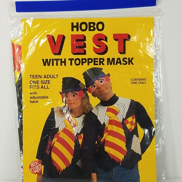 NIP Hobo Vest with Topper Mask Halloween costume Ben Cooper 1986 Sealed One Size Fits All OSFA