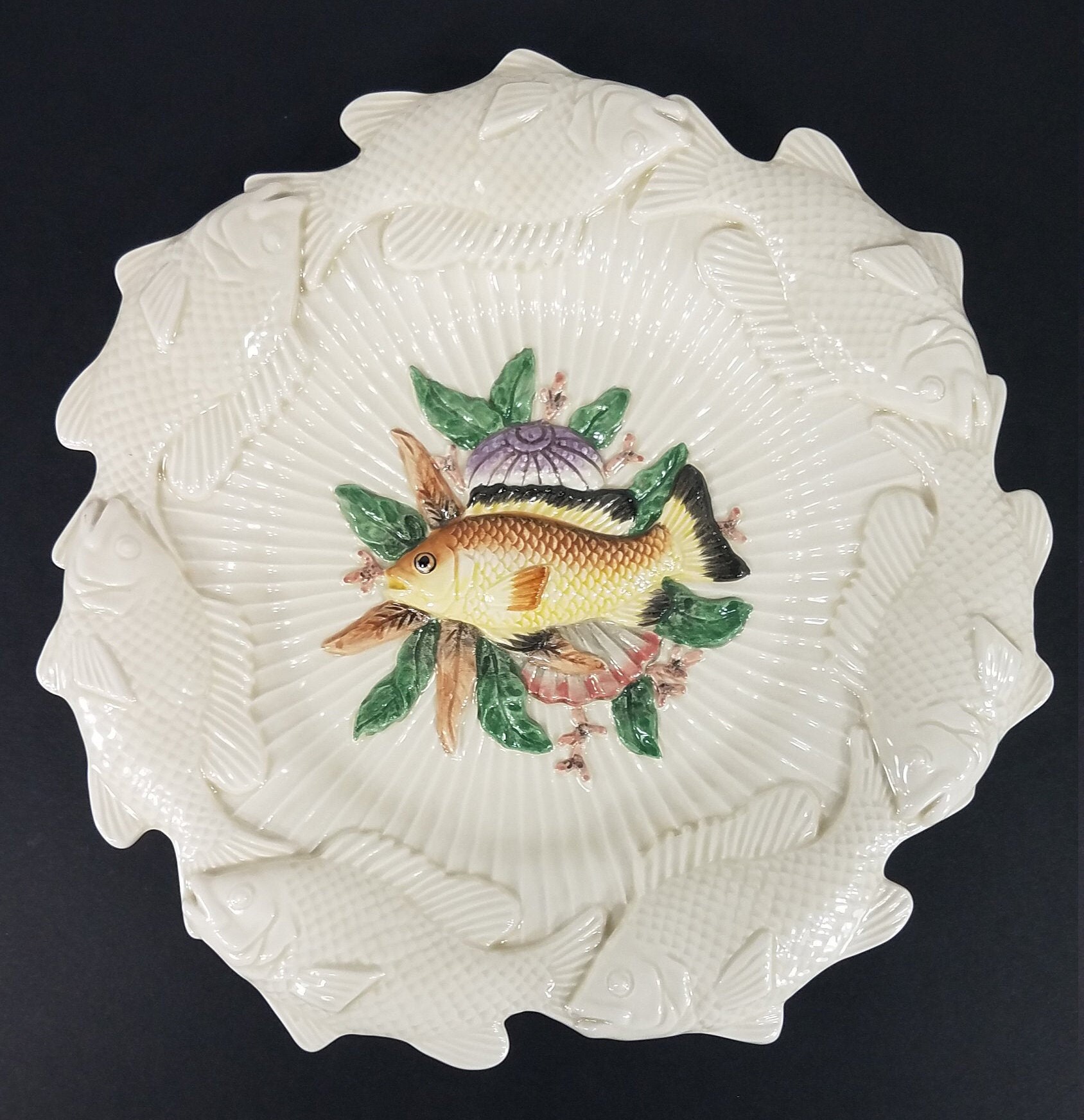 Fitz and Floyd Offwhite Green Ceramic Fish Platter Plate Serving Tray
