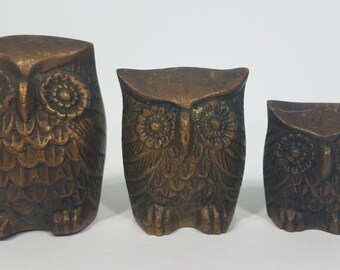 Set of 3 brass Owls family statues figurines Small Medium Large