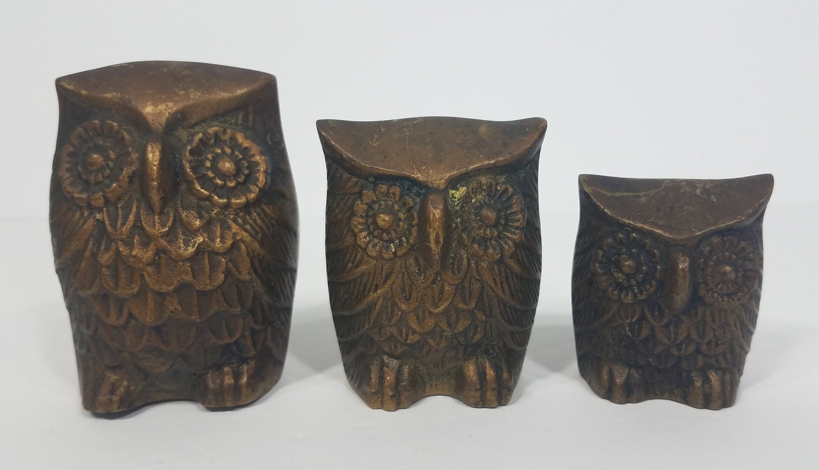 Set of 3 brass Owls family statues figurines Small Medium Large