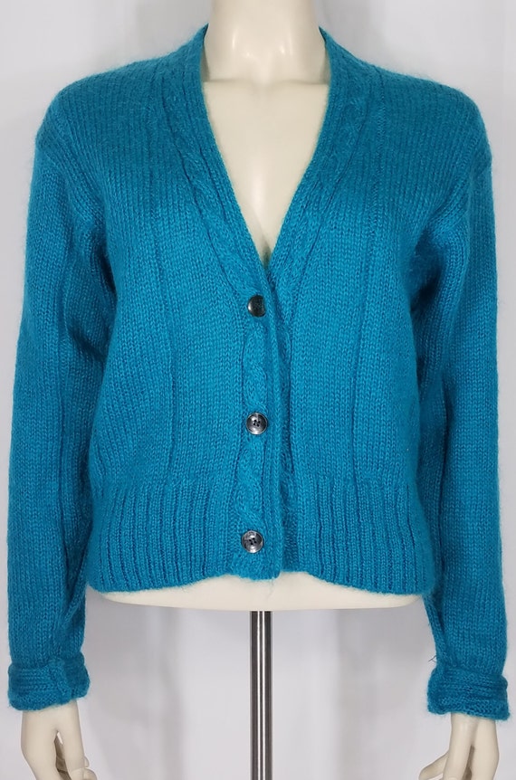 Northeast Knitters blue mohair blend cable knit ca