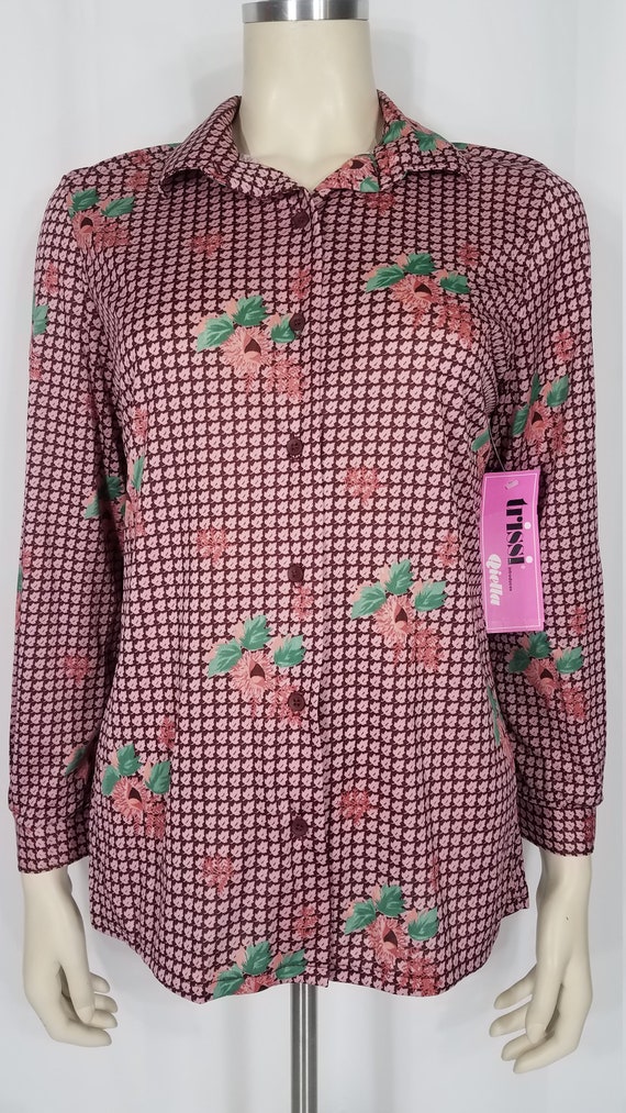 NWT Trissi burgundy pink floral leaf button up shi