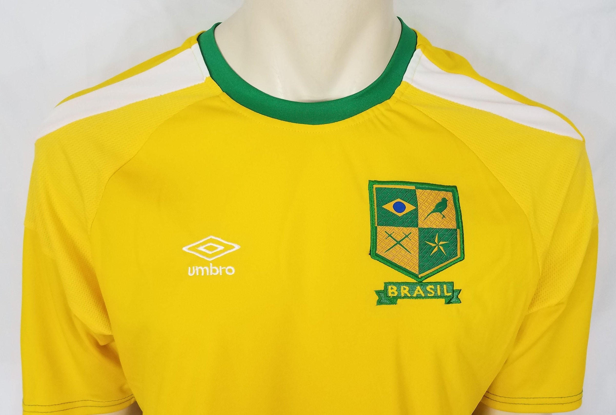 Umbro Yellow Green Brazil Embroidered Soccer Jersey T-shirt