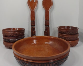 Set of 7 carved wood wooden salad bowls & utensils set 1 large 6 small Honduras
