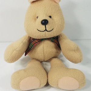 Hallmark Dexter brown beige rattle bear plush lovey doll baby toy plaid bow tie 1987